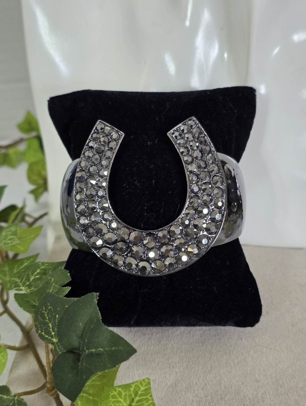 Statement Gunmetal Gray Horseshoe Bracelet - Sparkling Equestrian Clamper Cuff